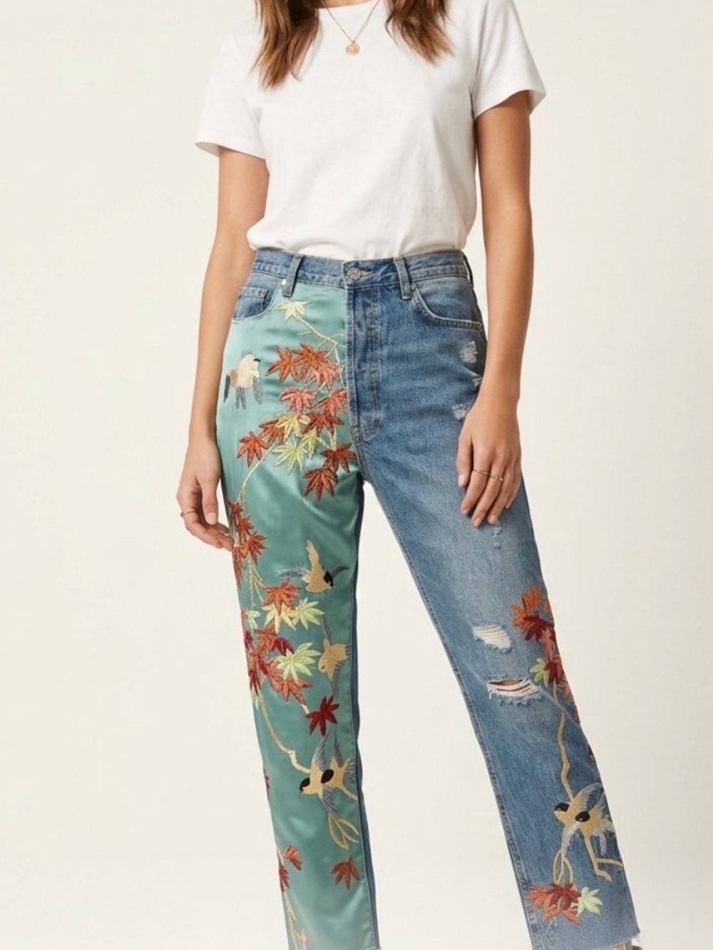 Zara Premium Two-Tone Straight Jeans with Teal Satin & Embroidered SZ6 NWOT